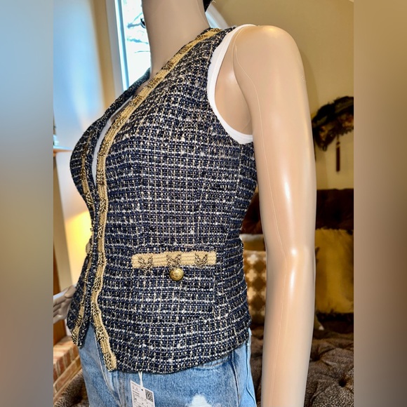 CACHE Tweed Navy Blue/Tan with gold Metallic accent Vest Sz 0 EUC - Picture 4 of 9